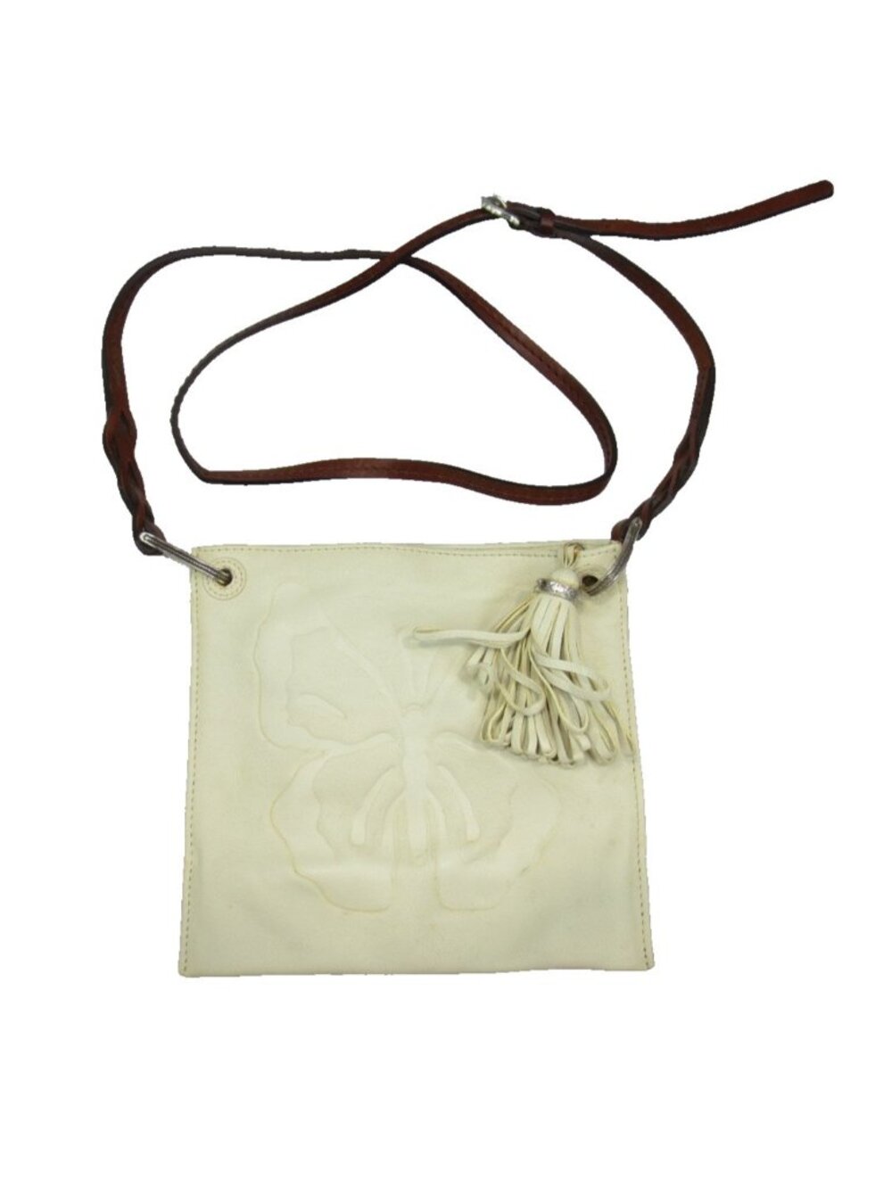 Brighton Cream Leather Purse Embossed Butterfly Tassel Crossbody Shoulder Bag